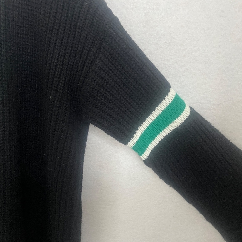 Open Front Knit Cardigan - Navy with Green & Cream Stripe Detail - Picture 5 of 7